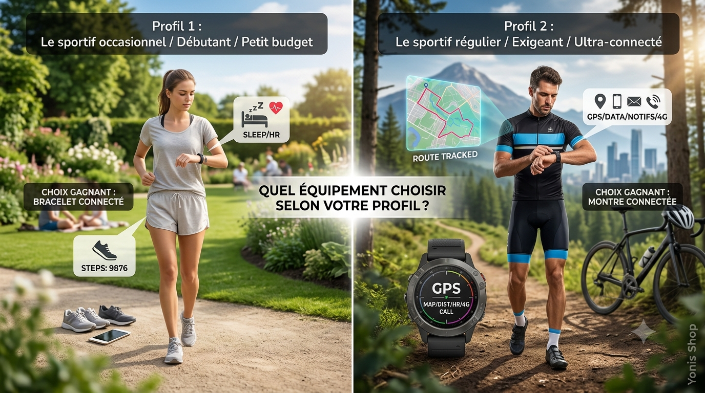 Un comparatif complet entre bracelet et montre connectée pour choisir le meilleur équipement fitness Yonis Shop selon votre budget, votre pratique et vos besoins en GPS.